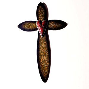 Metal Cross with Heart Accent - 9" with wall hanging provision